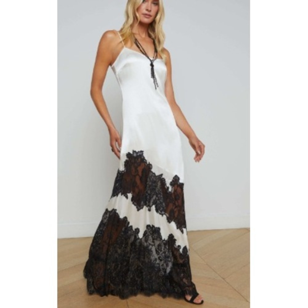 L'AGENCE Silvana Gown White Black Lace Trim Slip Dress Size 8 NWT Maxi Dress